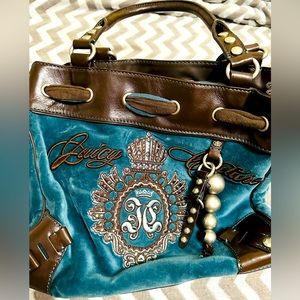 Vintage Juicy Couture Blue Velour Tote Bag Purse Crown